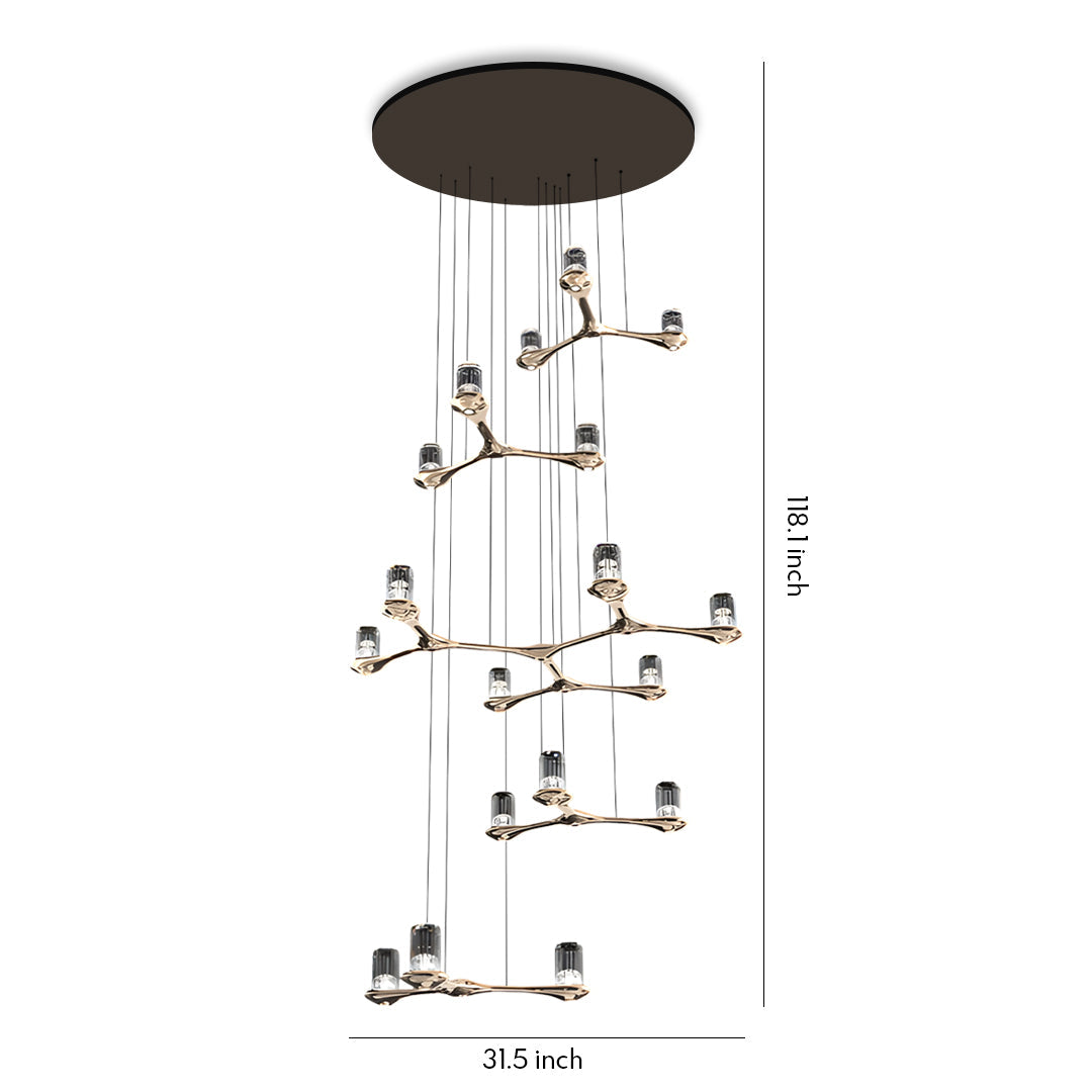 Twig Copper Crystal Staircase Chandelier, Warm Gold Long Drop Light 7