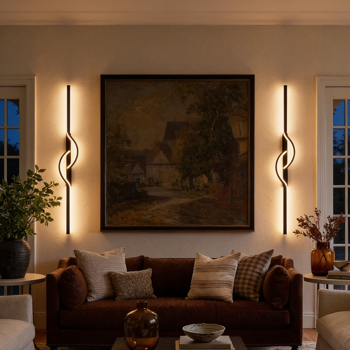 Two Modern Linear Wall Sconces flanking a painting above a sofa
