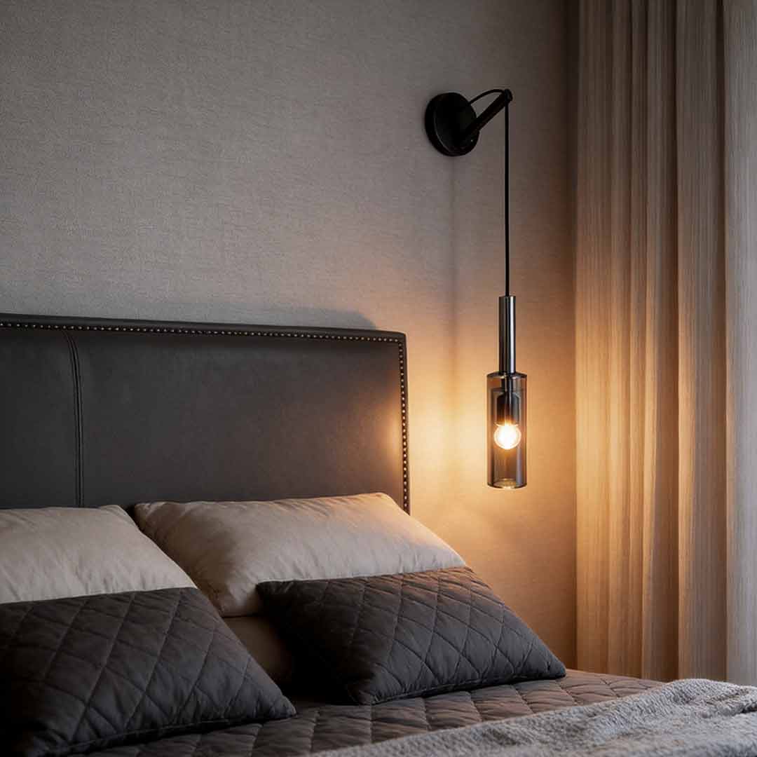 Suspended Cord Wall Lamp, Copper and Smoke Glass Light