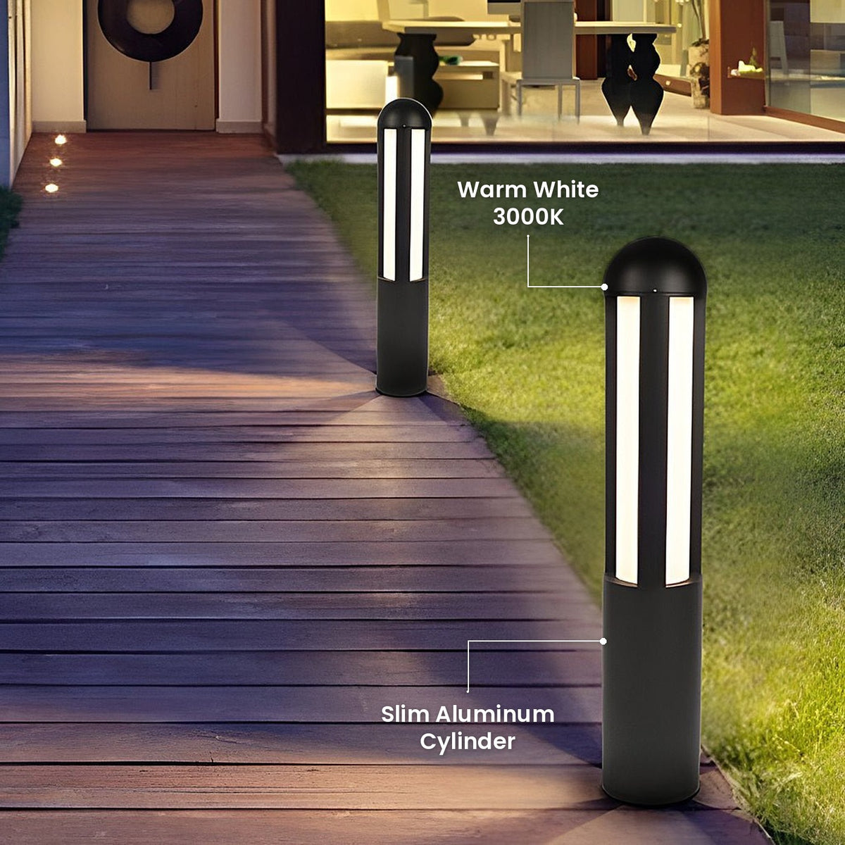 Cylindrical Bollard Path Light: Warm White 3000K, Slim Aluminum Cylinder