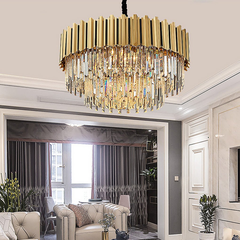 Gold Fluted Crystal Chandelier, Stainless Steel Ceiling Light