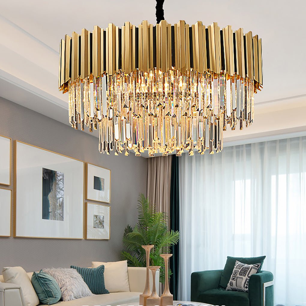 Gold Fluted Crystal Chandelier, Stainless Steel Ceiling Light 3