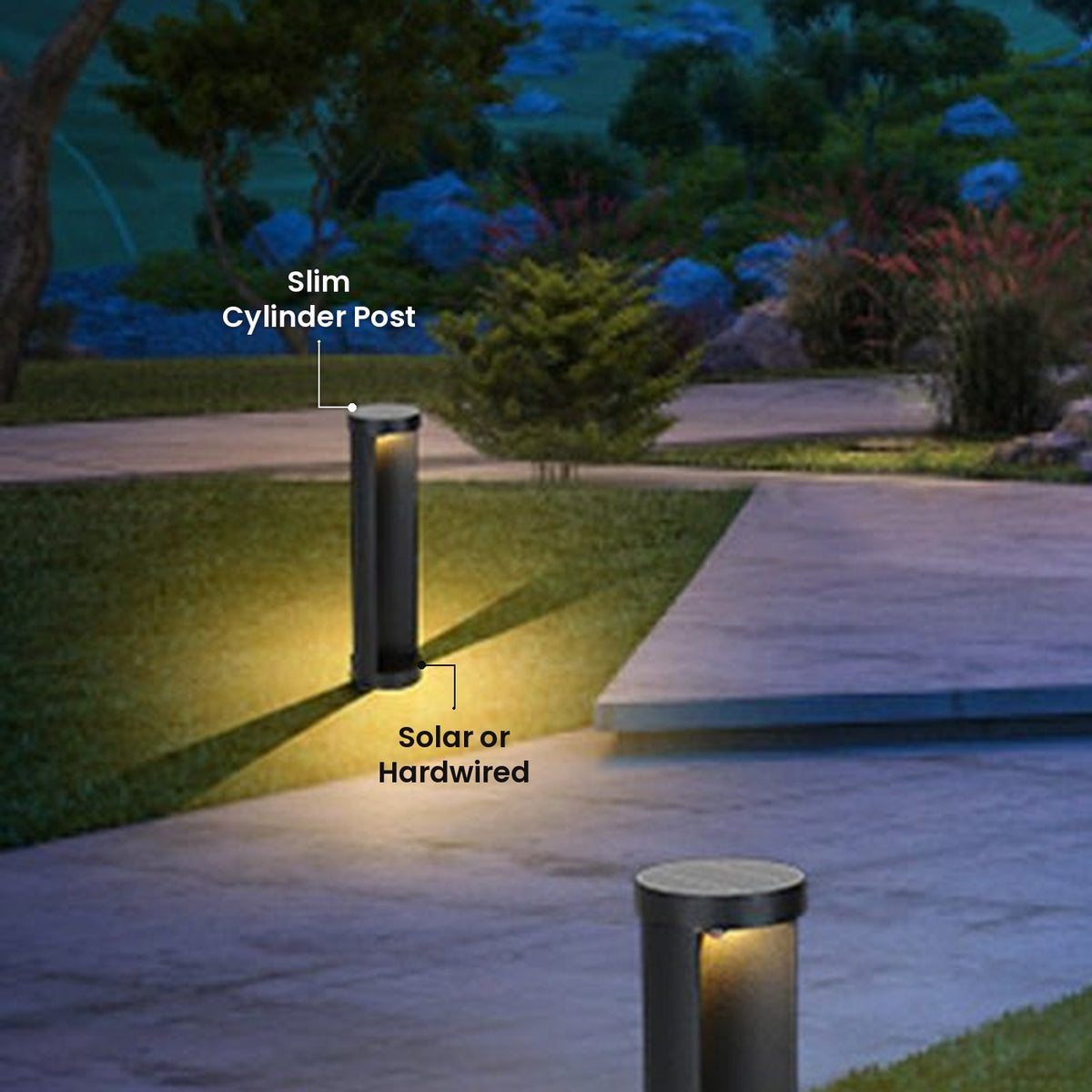 Cylinder Lawn Post Light: Solar or Hardwired, Slim Cylinder Post