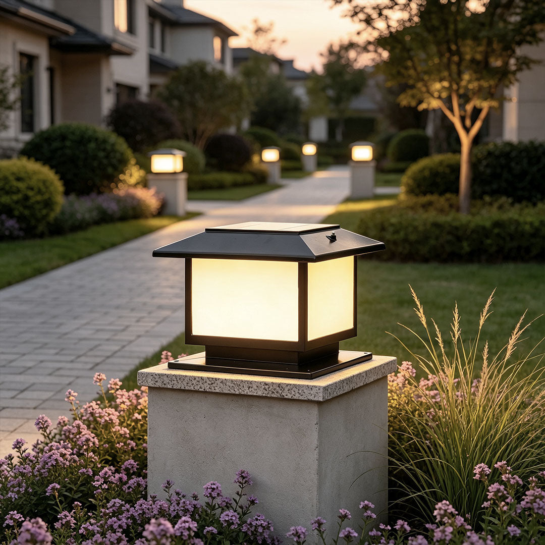 Square Lantern Pillar Light, Black Die Cast Aluminum Post Cap Light