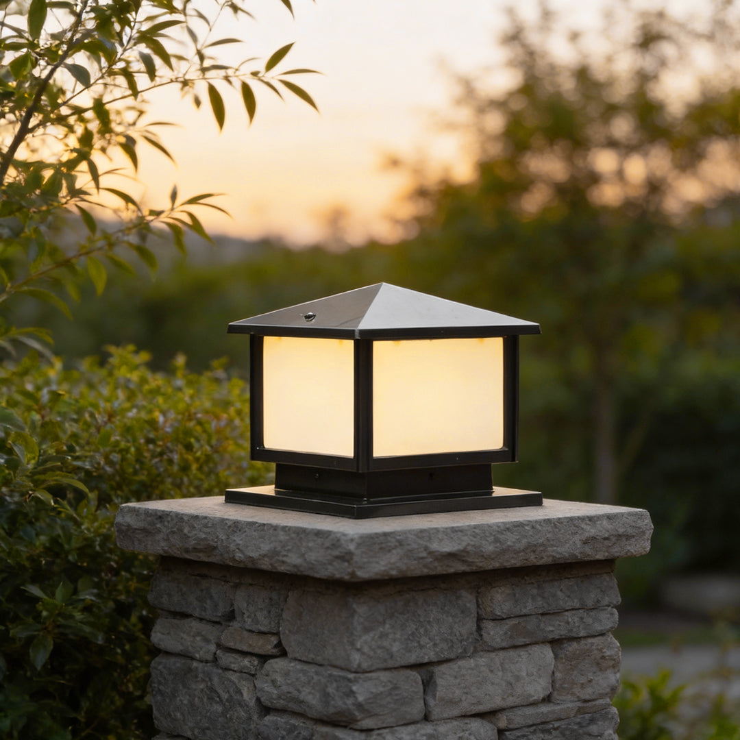 Square Lantern Pillar Light, Black Die Cast Aluminum Post Cap Light 4