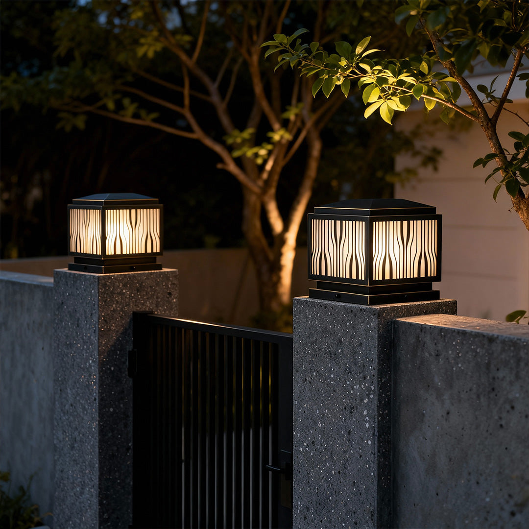 Wavy Glass Pillar Cap Light, Black and Gold Copper Post Light