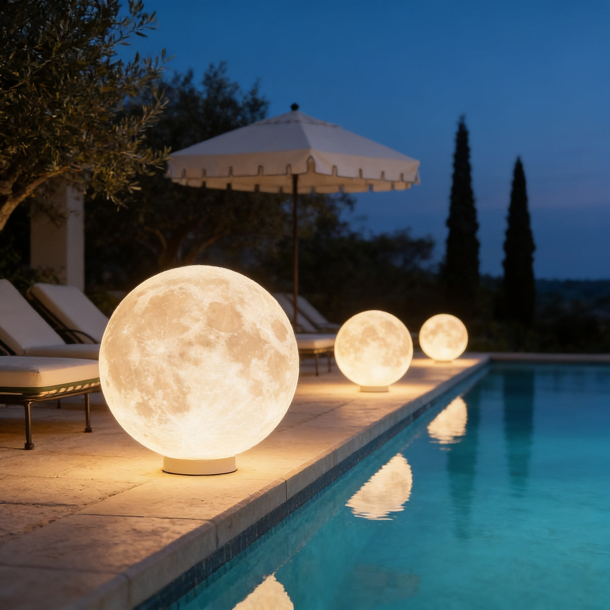 Moon Shaped Pillar Lights glowing beside a pool at dusk