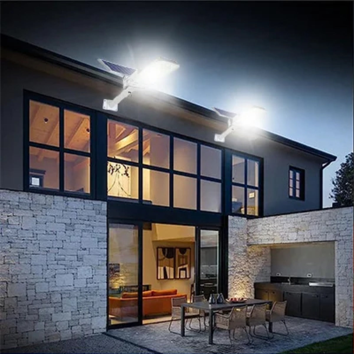 Solar lights on modern house