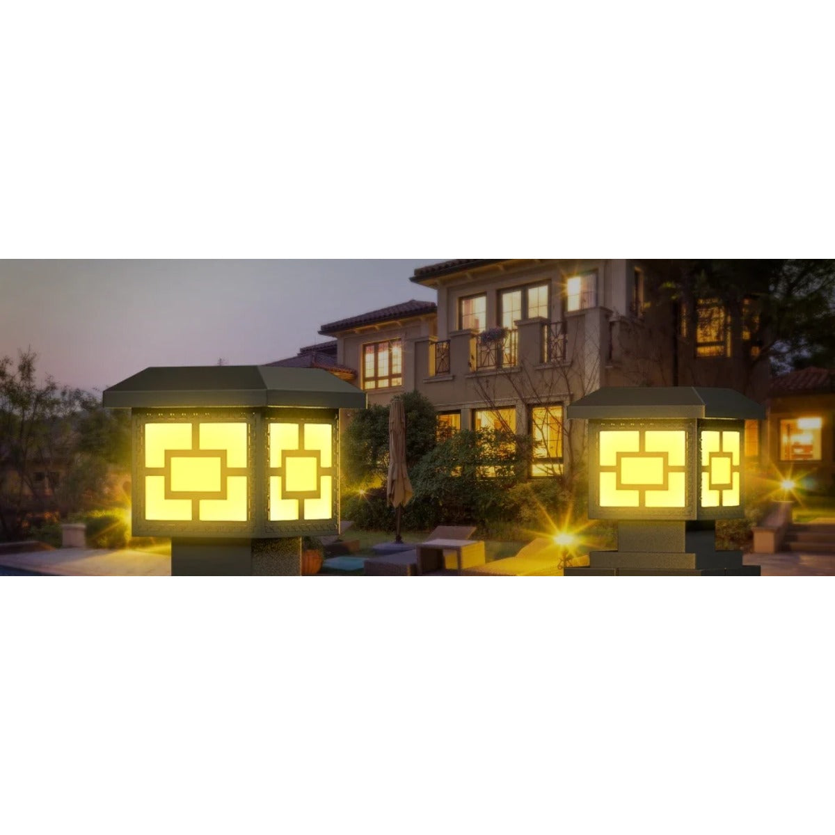Post cap lights at dusk