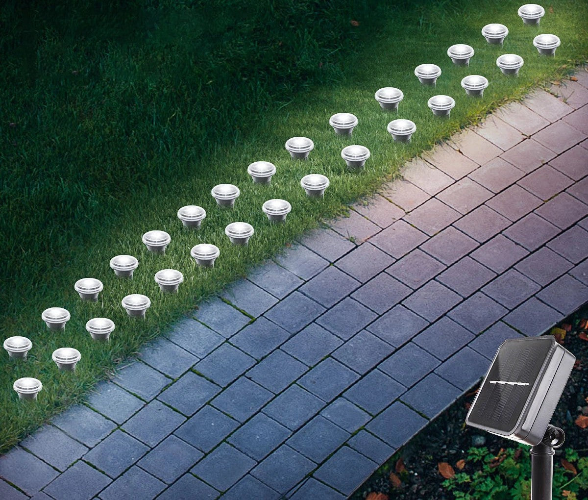 White light solar pathway lights along a paver walkway