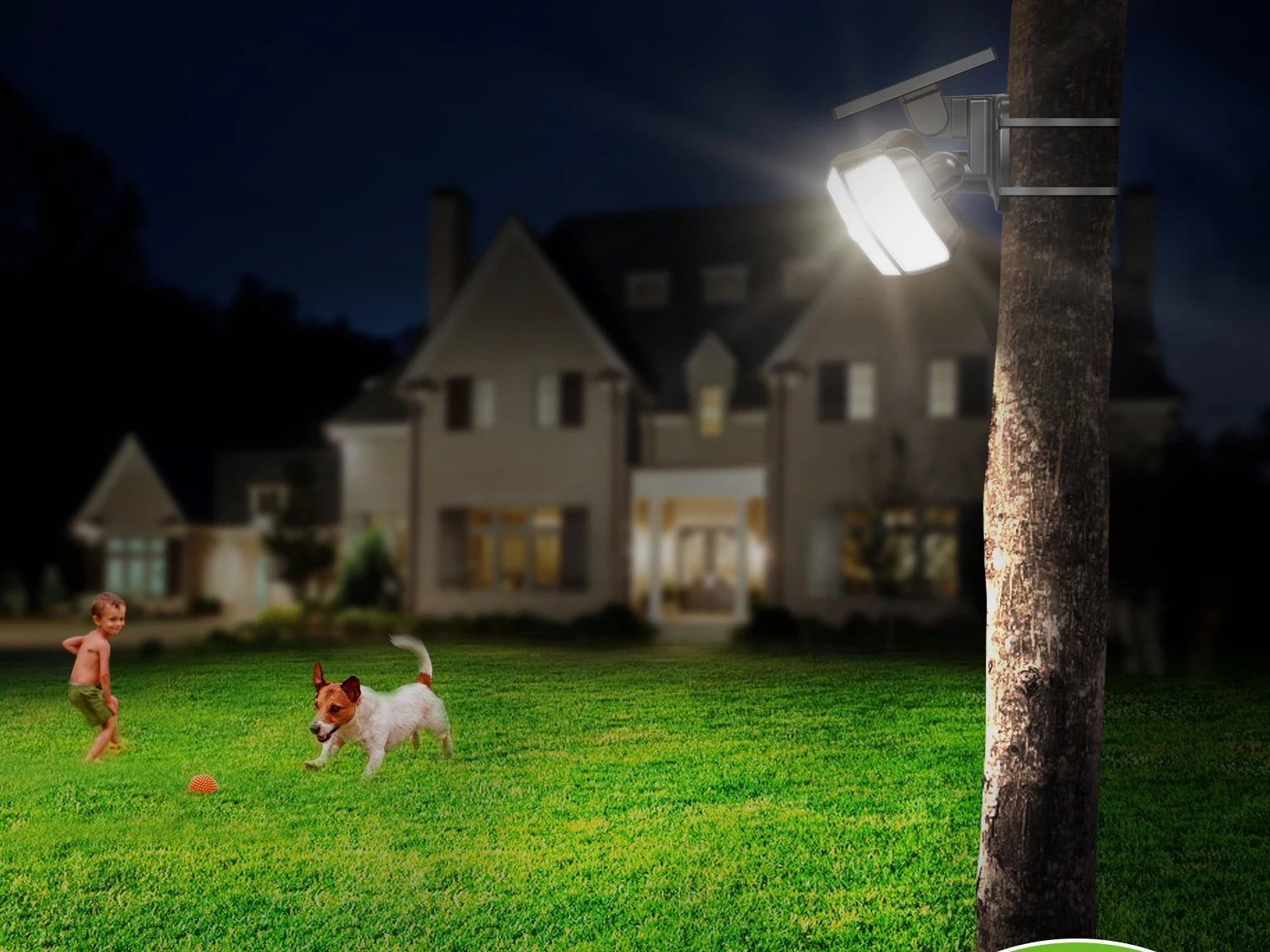 Solar flood light mounted on a pole over a lawn