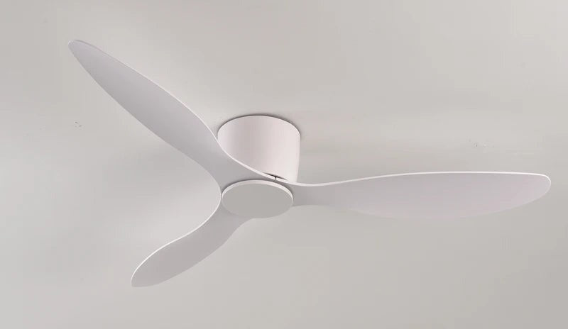 Low profile ceiling fan in white on a white ceiling