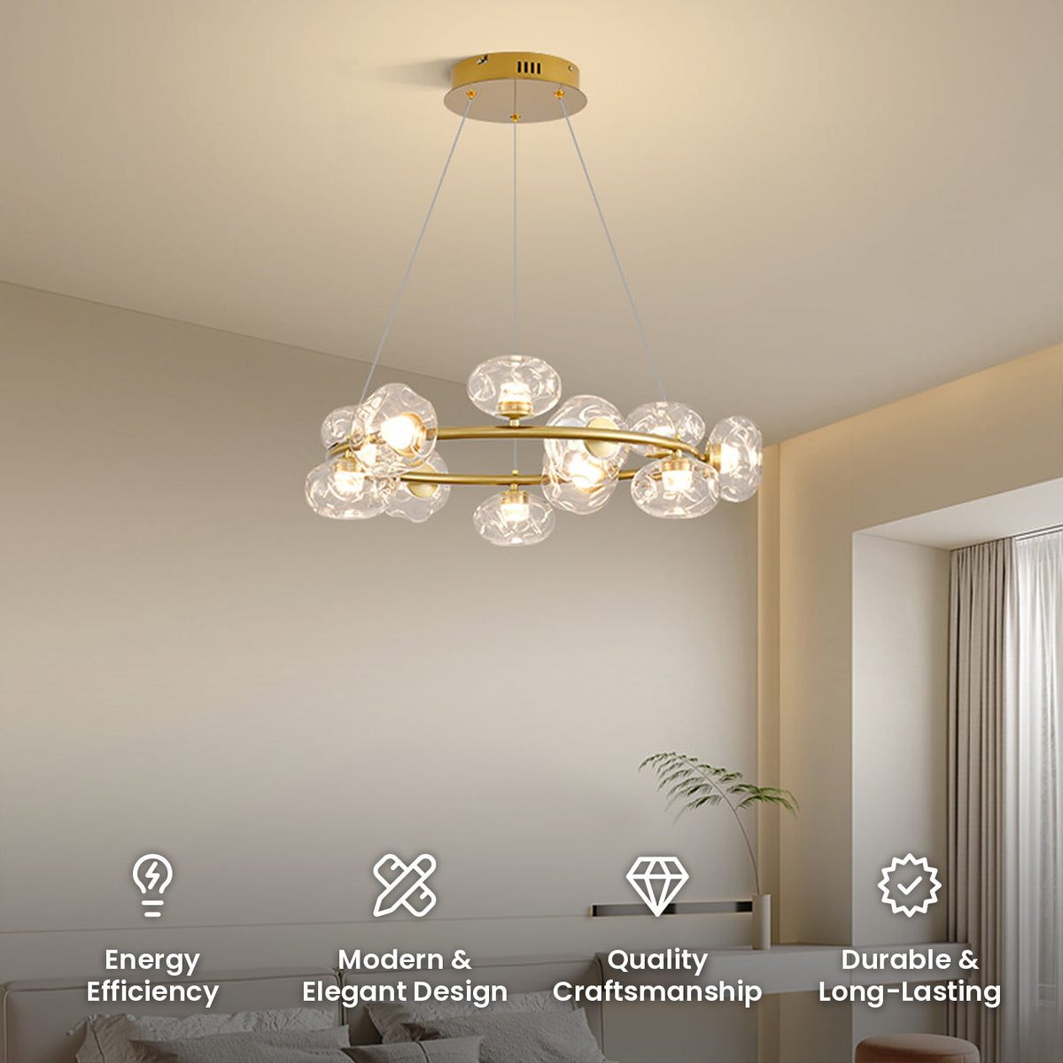 Glass Bubble Cascade Chandelier: energy efficiency, modern and elegant design, quality craftsmanship, durable and long-lasting