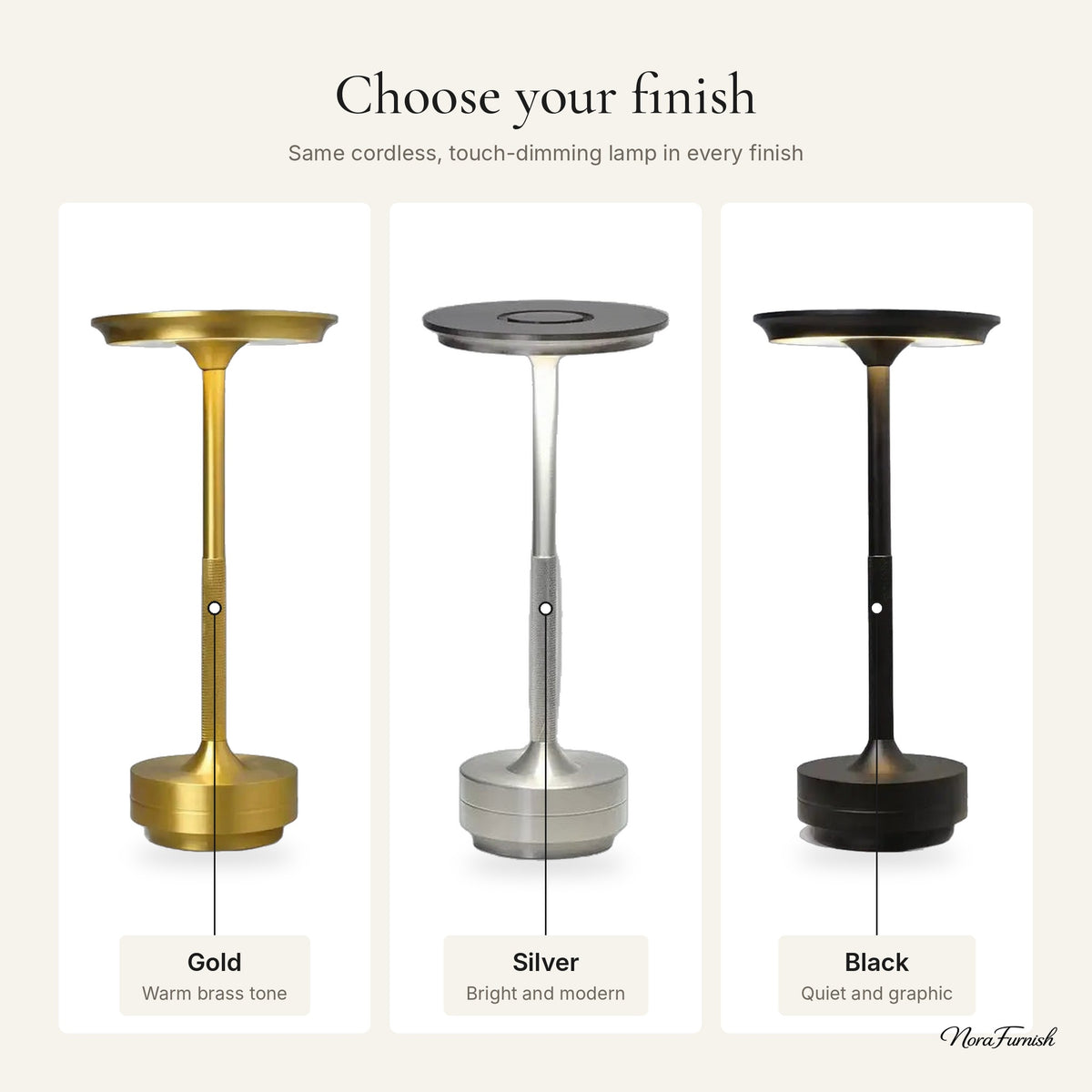 Cordless Touch Table Lamp finishes: gold, silver and black