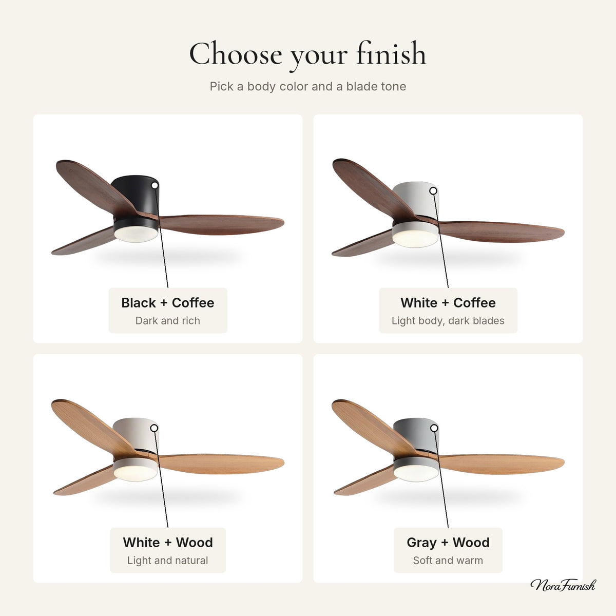 Natural Wood Ceiling Fan finishes: Black + Coffee, White + Coffee, White + Wood, Gray + Wood