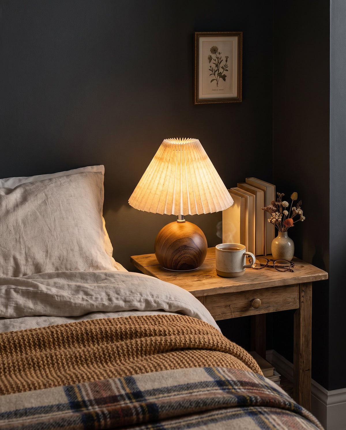 Guest bedroom at night with a pleated table lamp glowing on the nightstand