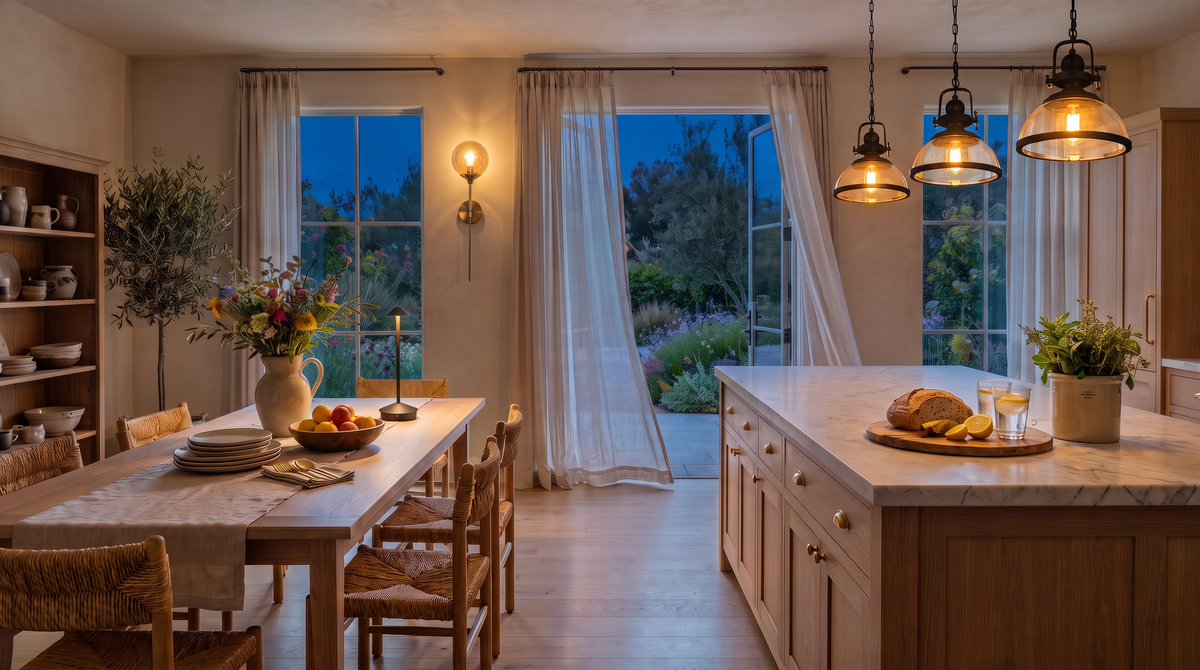 The same kitchen at night with the pendants, sconce and table lamp glowing