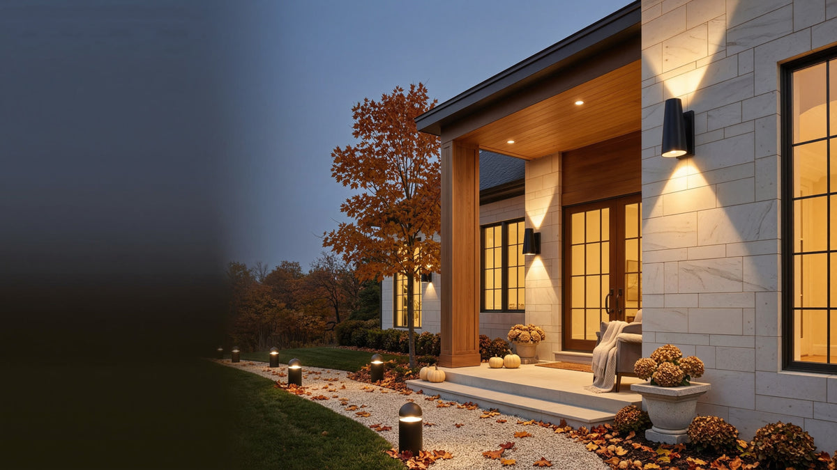 Autumn evening porch lit by up and down wall sconces and path lights