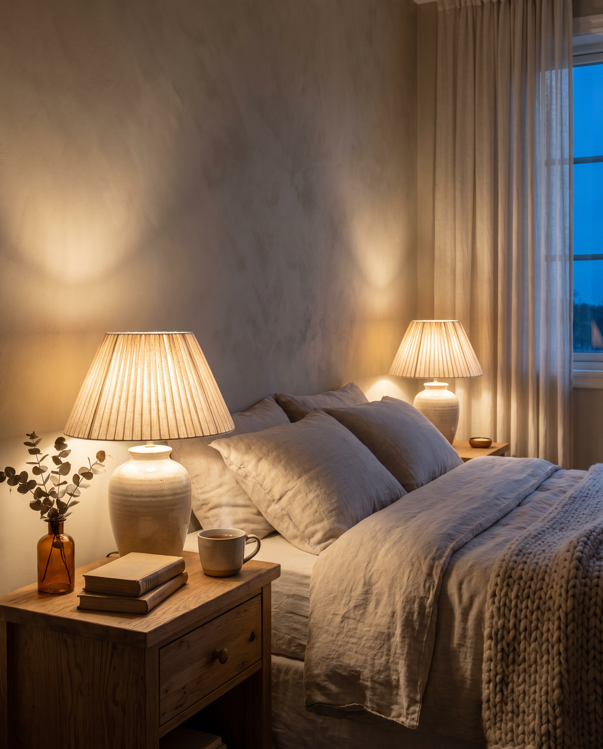 Cozy bedroom with two glowing ceramic bedside lamps