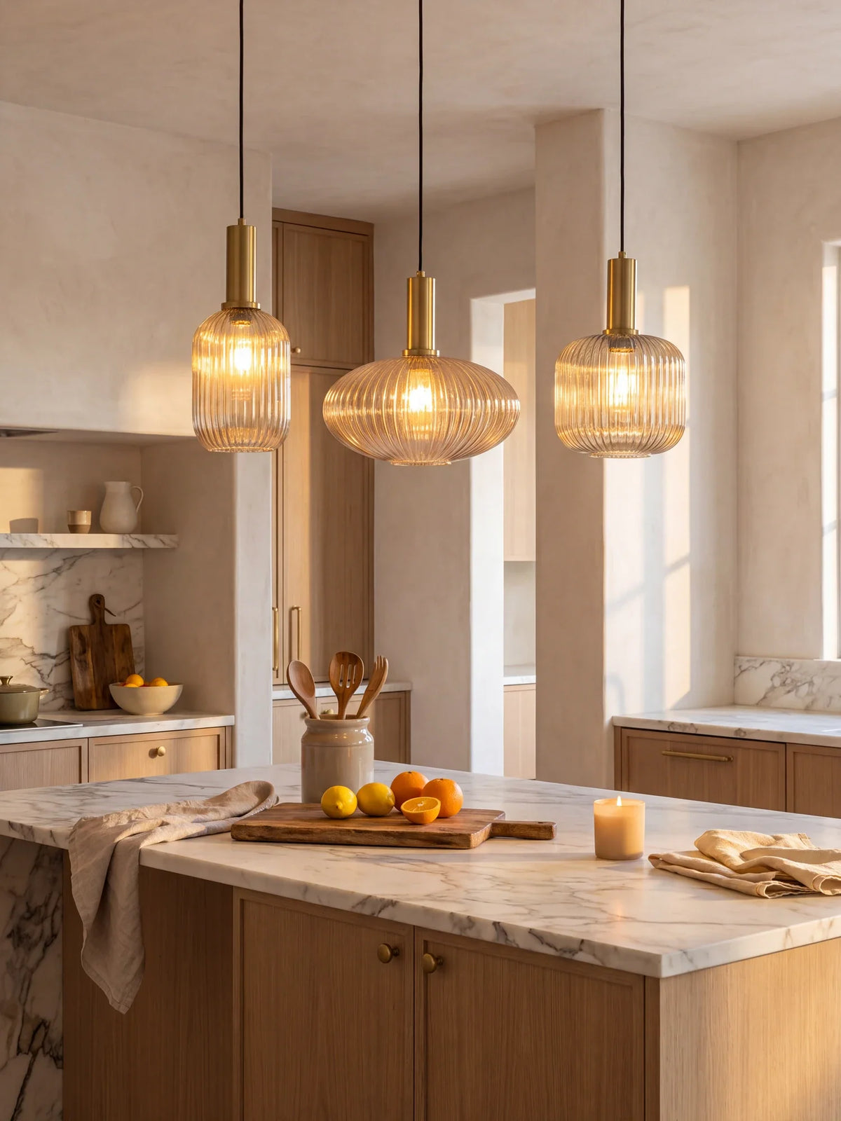 Island Pendants inspiration photo, lit in the evening