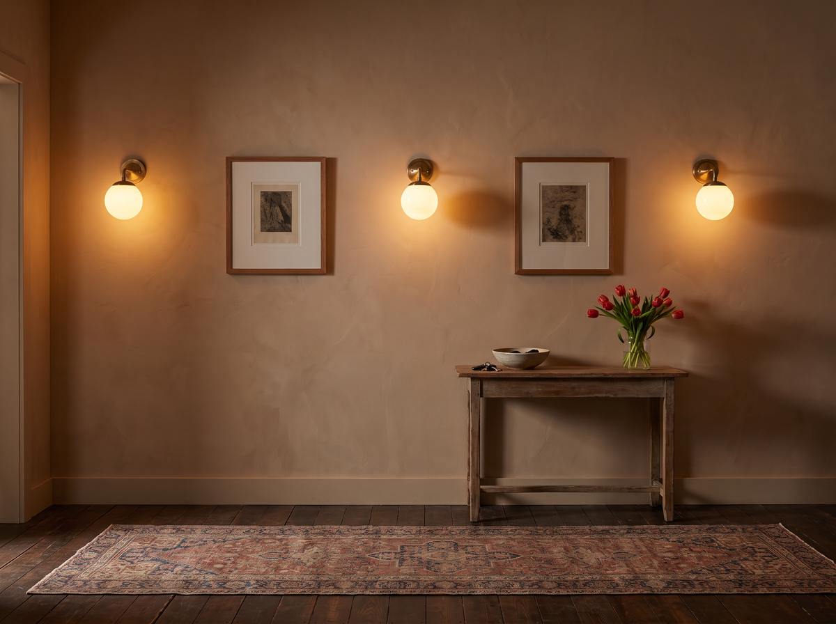 Hallway Sconces inspiration photo, lit in the evening