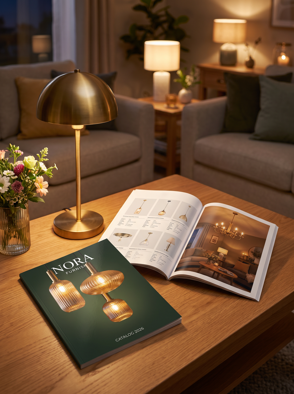 Nora Furnish lighting catalog open on a wooden table beside a brass table lamp