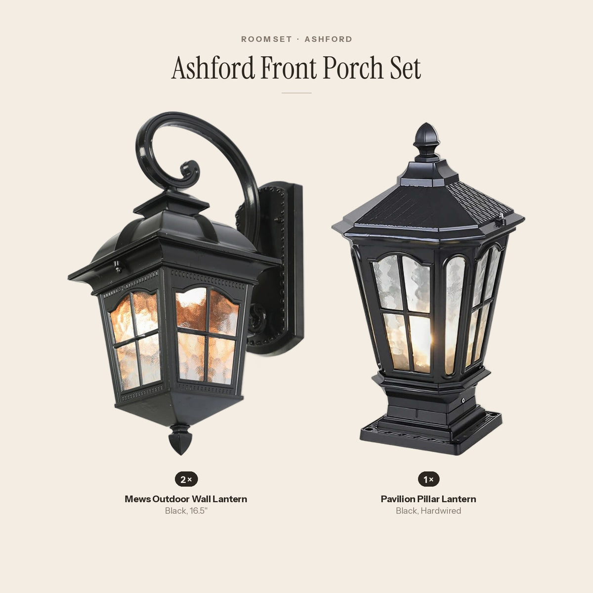 Ashford Front Porch Set: 2 Mews Outdoor Wall Lantern, 1 Pavilion Pillar Lantern