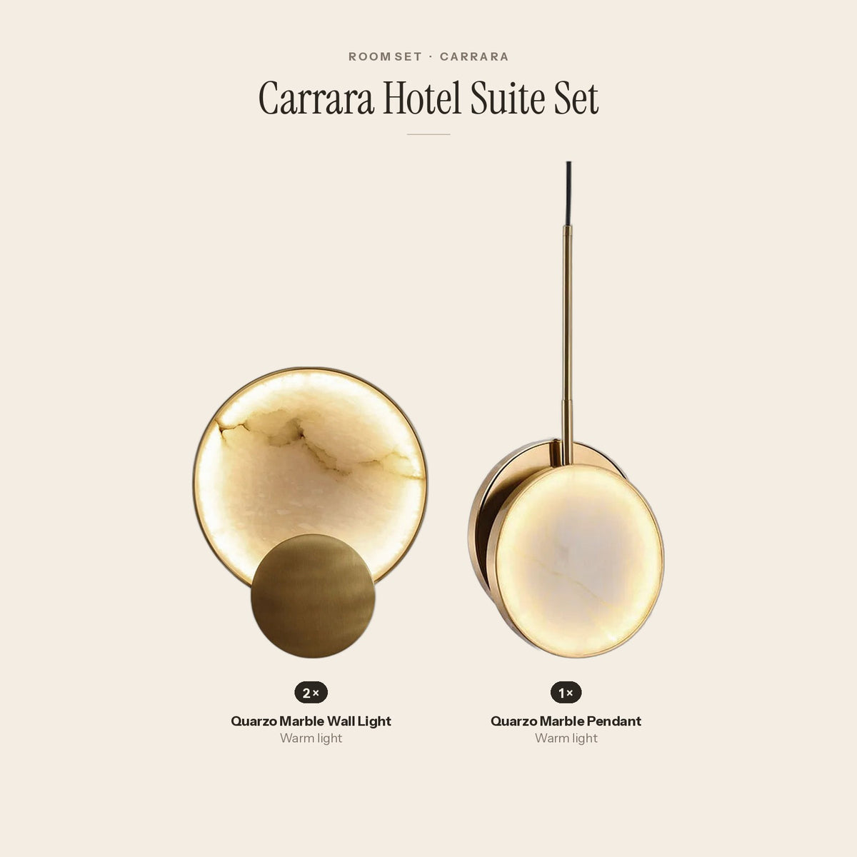Carrara Hotel Suite Set: 2 Quarzo Marble Wall Light, 1 Quarzo Marble Pendant
