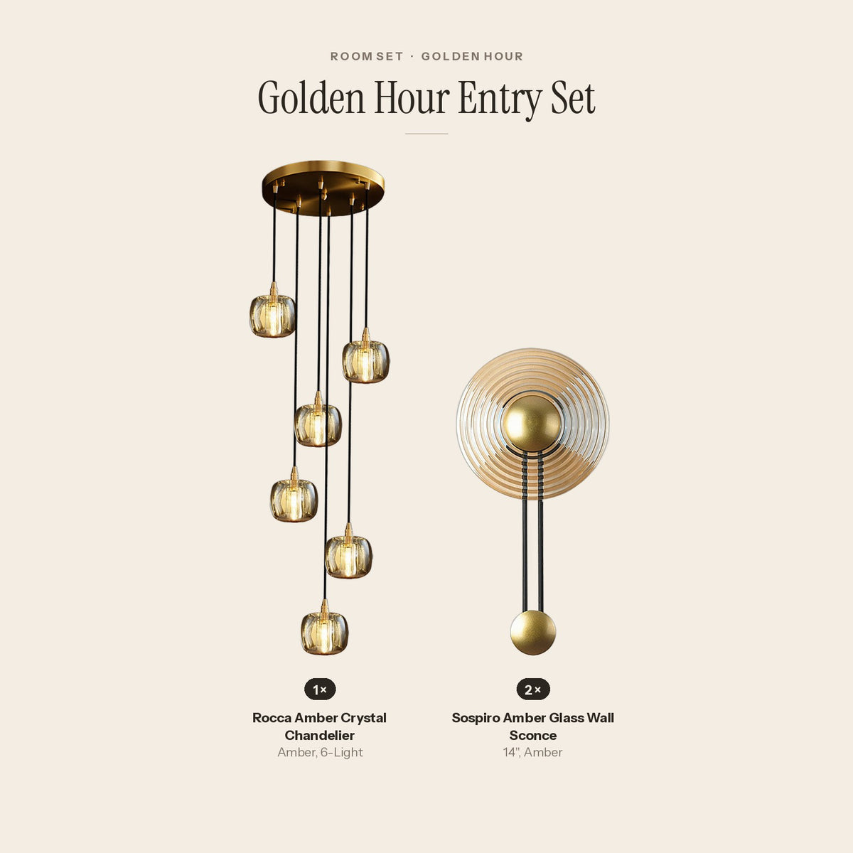 Golden Hour Entry Set: 1 Rocca Amber Crystal Chandelier, 2 Sospiro Amber Glass Wall Sconce