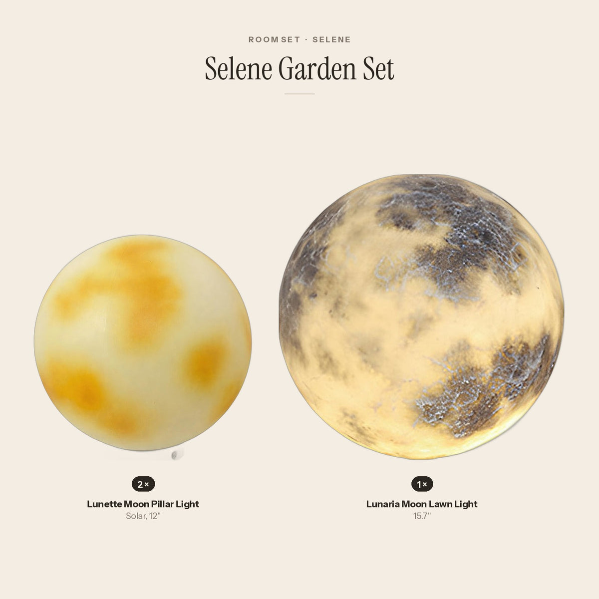 Selene Garden Set: 2 Lunette Moon Pillar Light, 1 Lunaria Moon Lawn Light