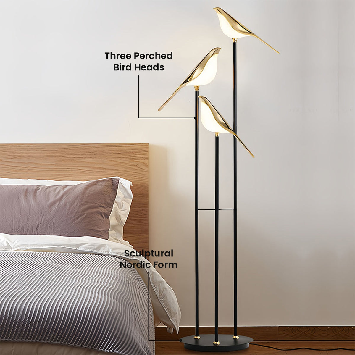Bird Floor Lamp: Three Perched Bird Heads, Sculptural Nordic Form