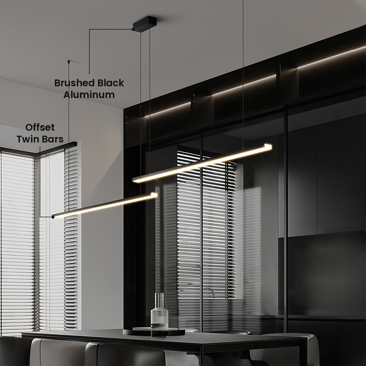 Offset Twin Bar LED Linear Pendant: Offset Twin Bars, Brushed Black Aluminum