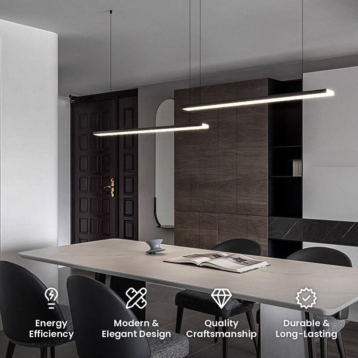 Offset Twin Bar LED Linear Pendant: energy efficiency, modern and elegant design, quality craftsmanship, durable and long-lasting