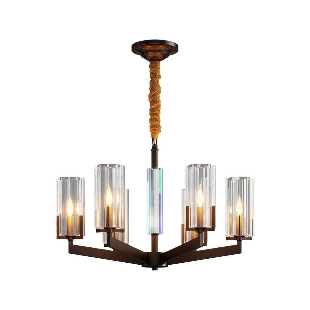 Ribbed Glass Candle Chandelier, Solid Brass Modern Ceiling Light 17