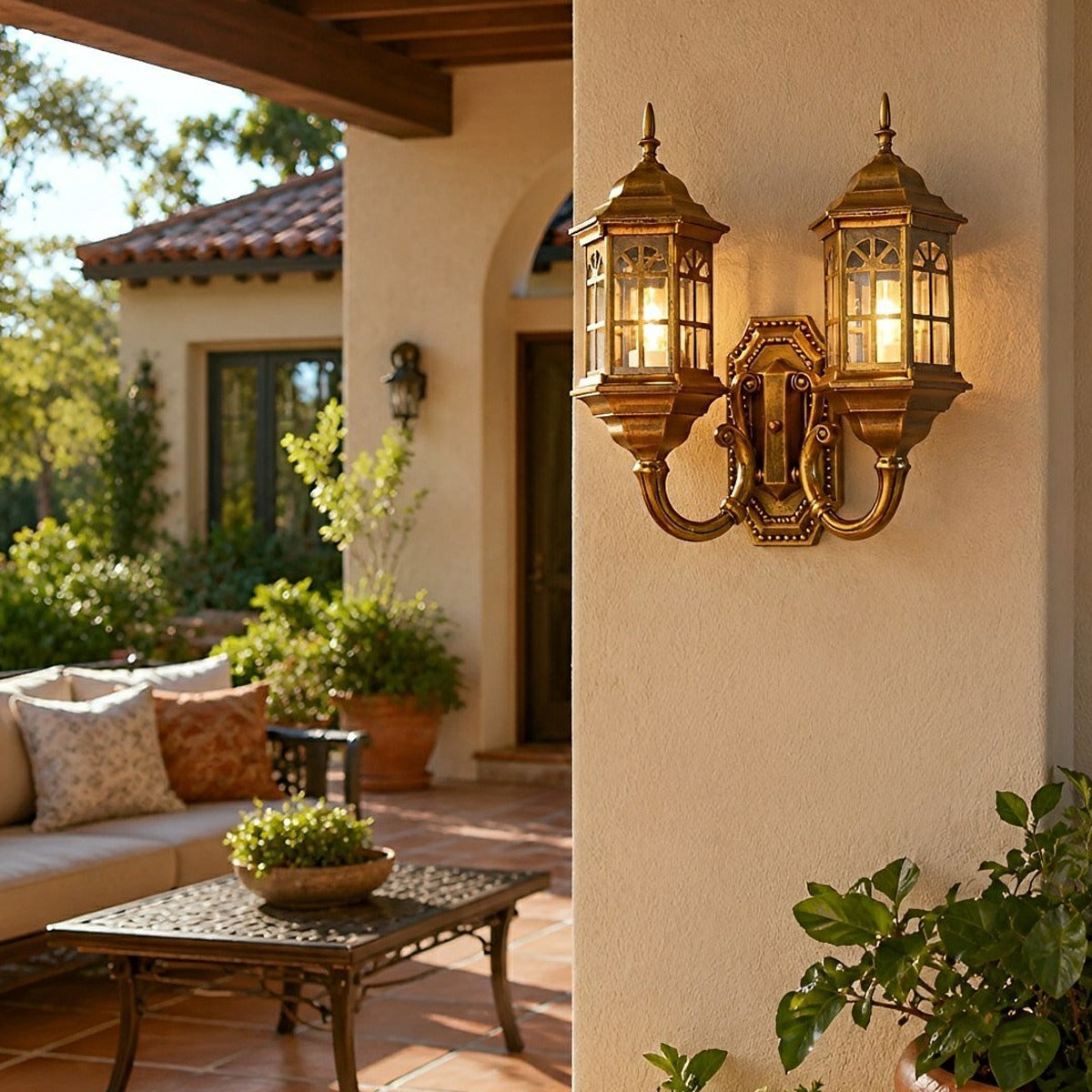 Old World Twin Lantern Wall Light, Die Cast Aluminum Sconce