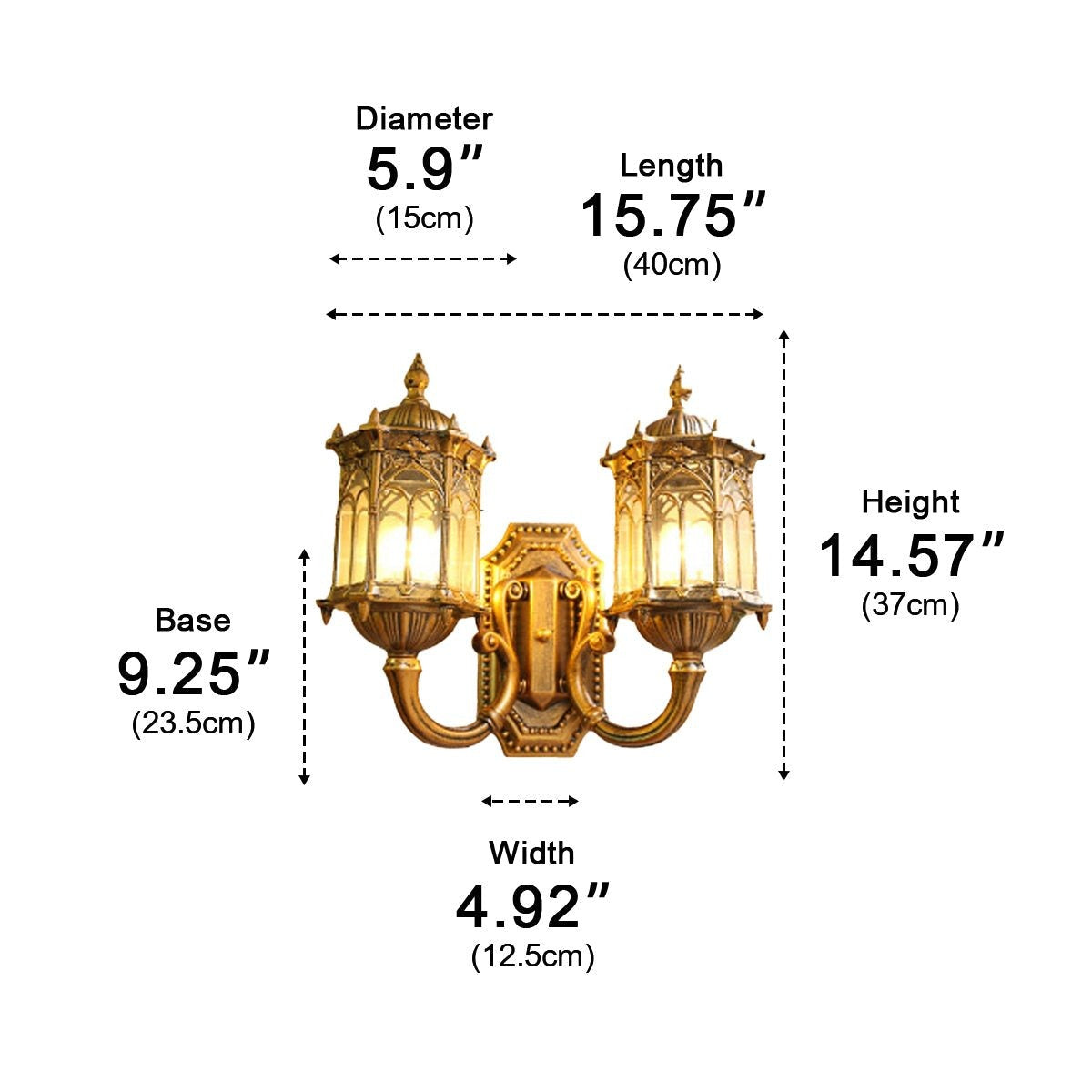 Old World Twin Lantern Wall Light, Die Cast Aluminum Sconce 14