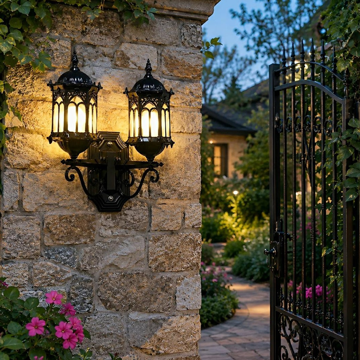 Old World Twin Lantern Wall Light, Die Cast Aluminum Sconce 2