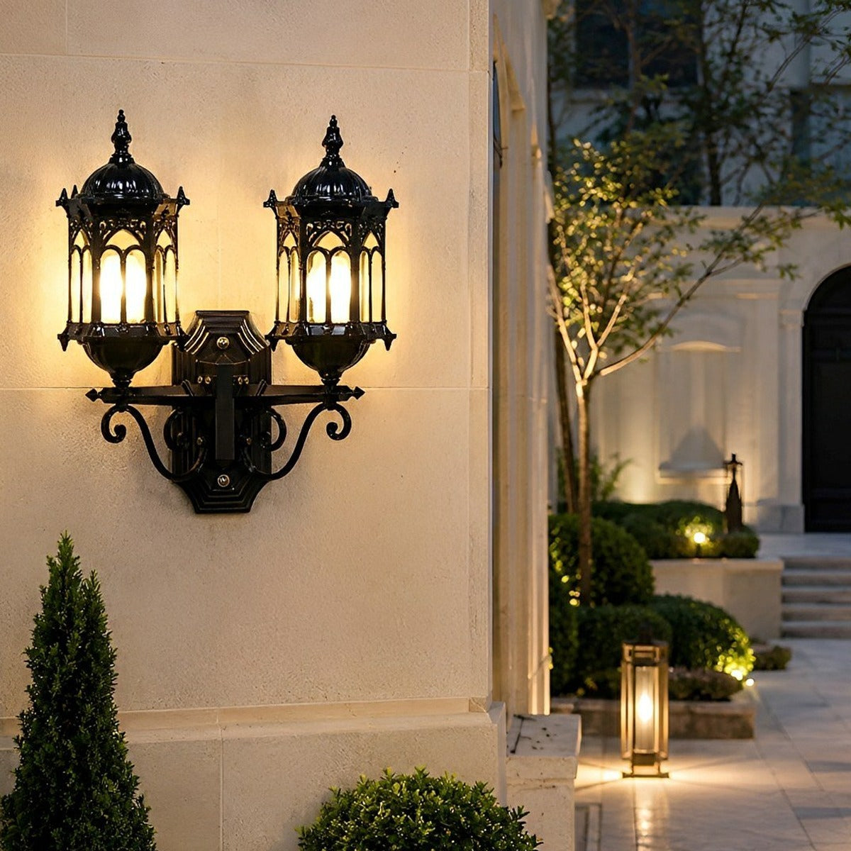 Old World Twin Lantern Wall Light, Die Cast Aluminum Sconce 7