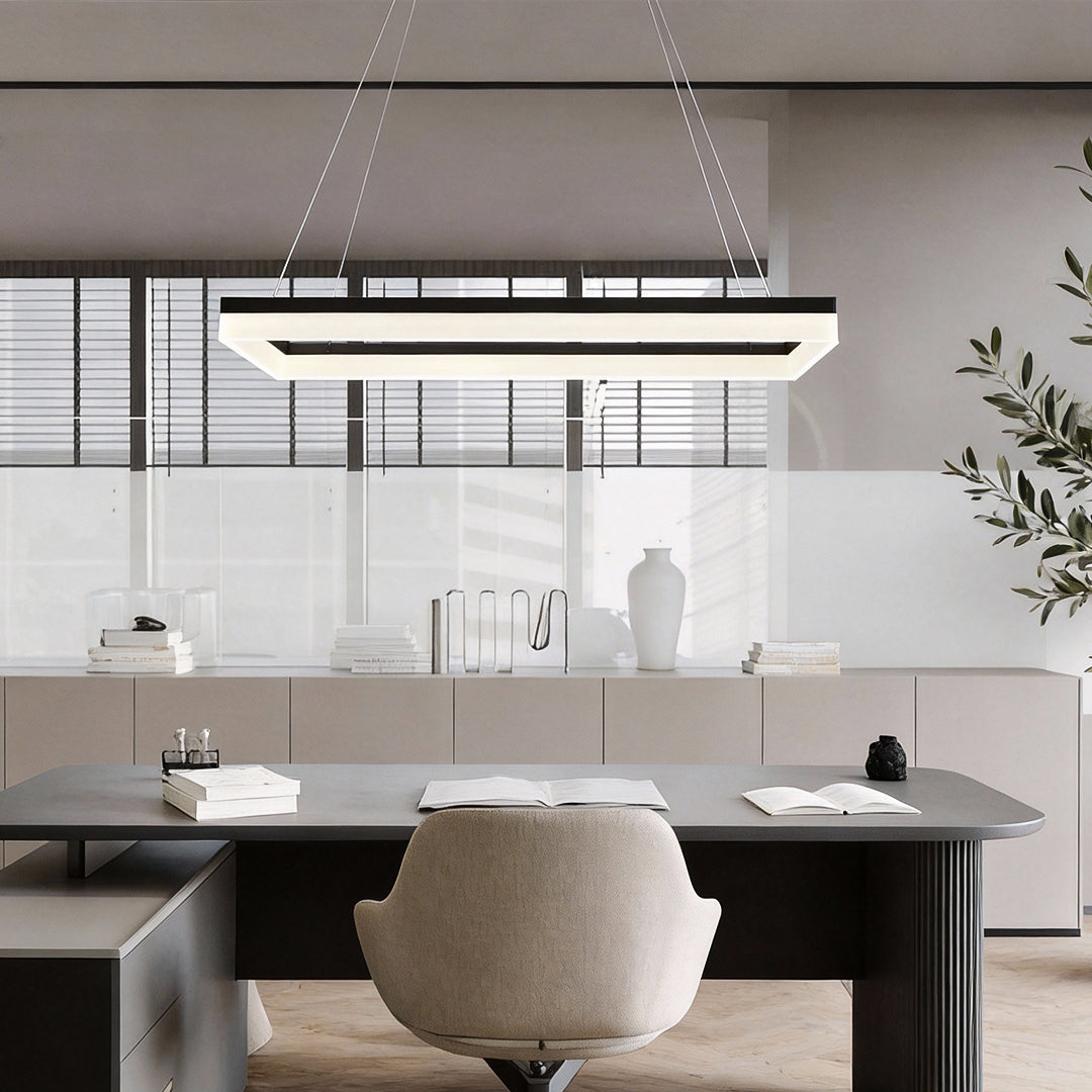 Open Rectangle LED Linear Pendant, Black Aluminum Office Light