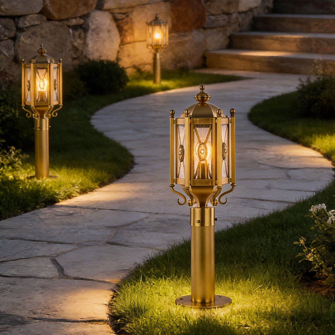 Classic Brass Path Light, Antique Copper Glass Garden Lantern