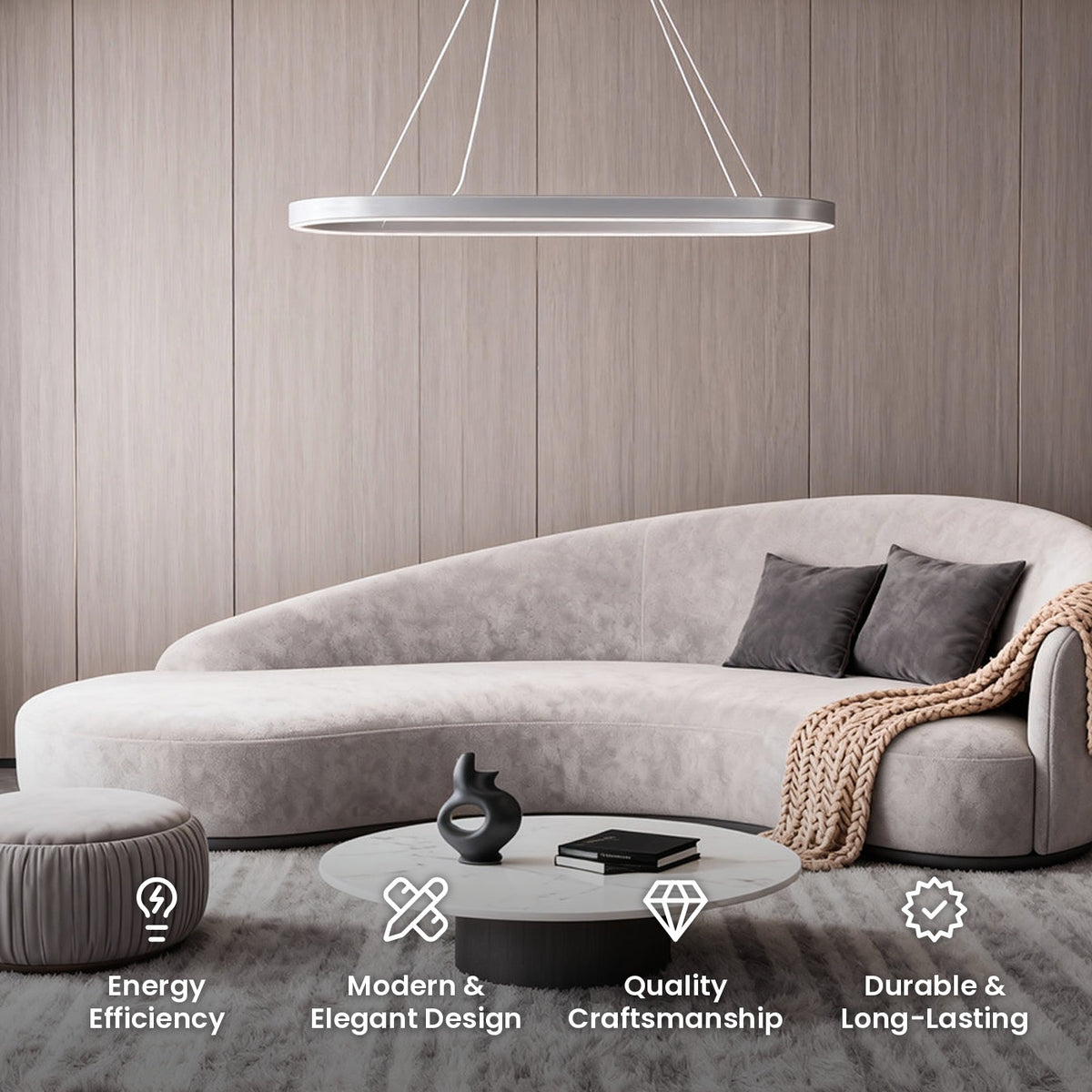 Oval Halo LED Linear Pendant: energy efficiency, modern and elegant design, quality craftsmanship, durable and long-lasting