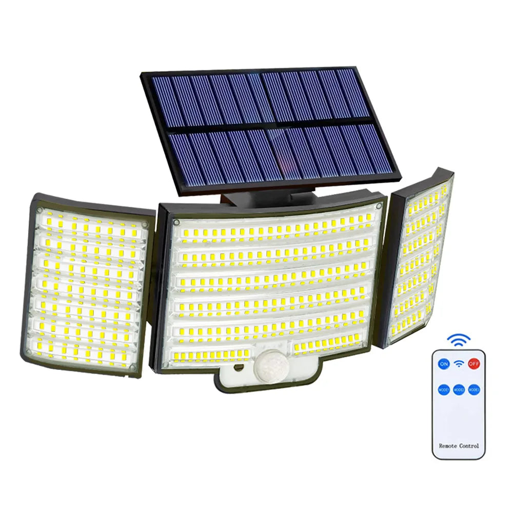 Solar security motion sensor light, 238 LED three head with solar panel and remote