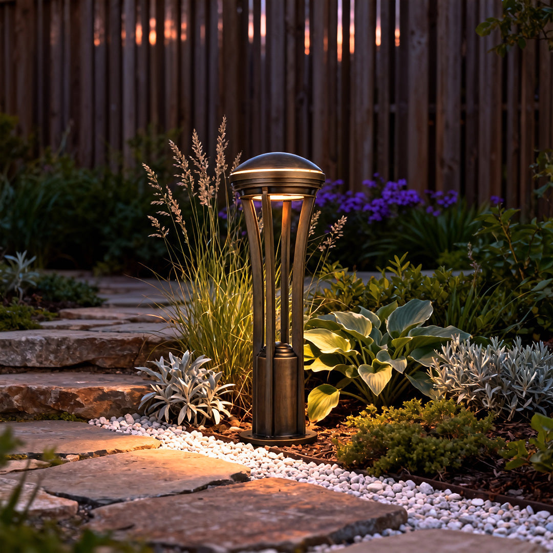 Antique Copper Cage Path Light, Clear Glass Landscape Bollard
