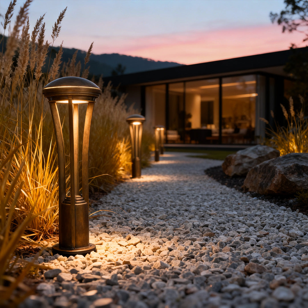 Antique Copper Cage Path Light, Clear Glass Landscape Bollard