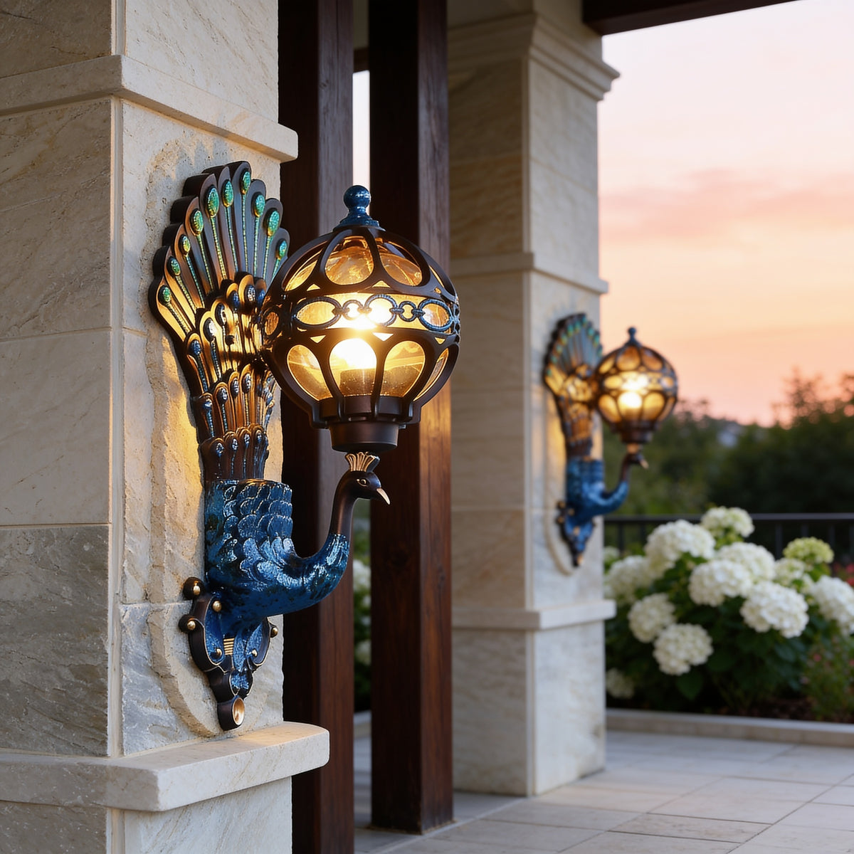 Colorful Peacock Wall Sconces on travertine pillars beside a hydrangea terrace