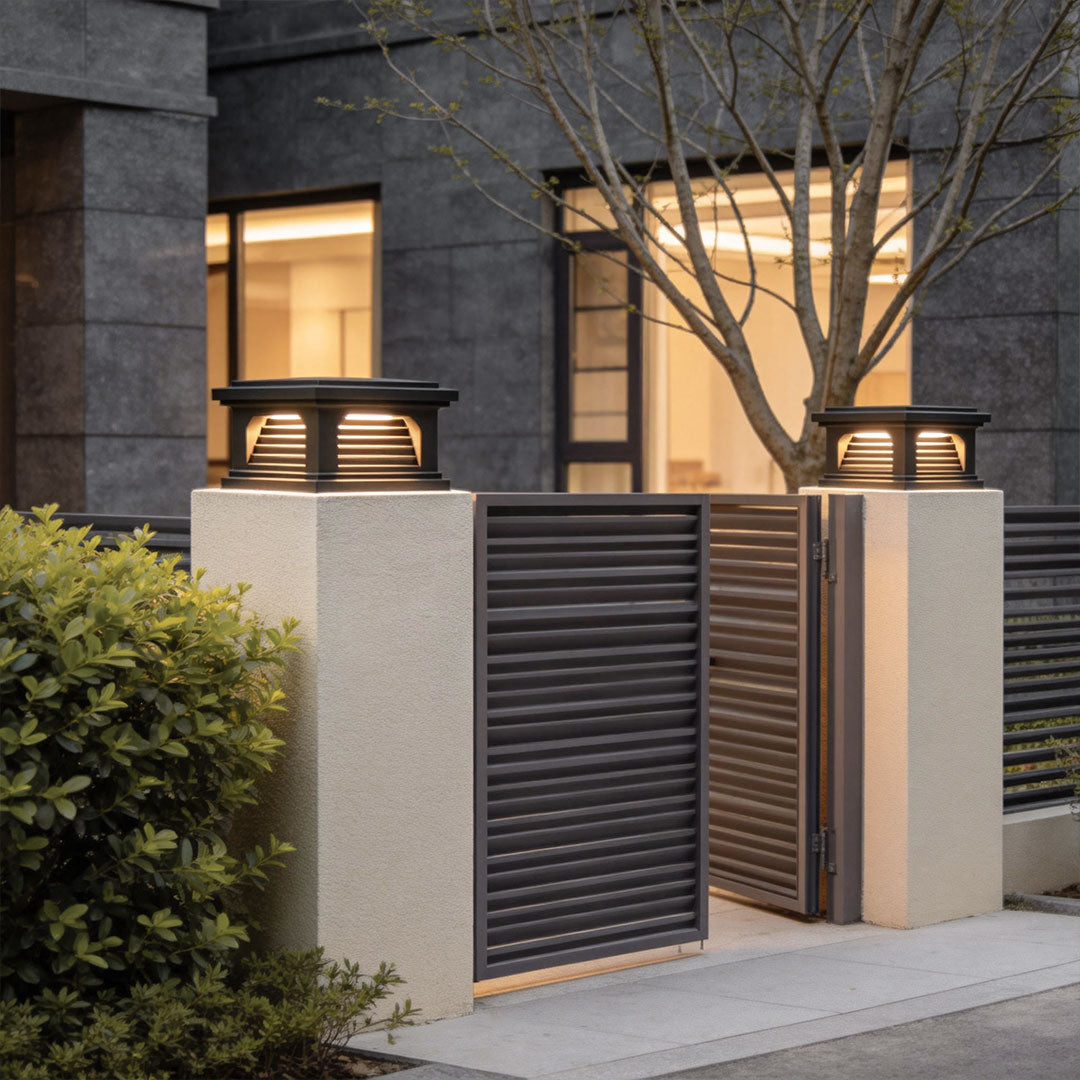 Slatted Cap Pillar Light, Black Stainless Steel Gate Post Light