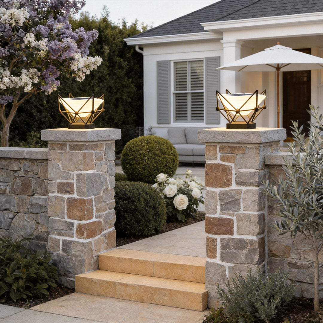 Faceted Crown Pillar Light, Black Stainless Steel Post Cap Light