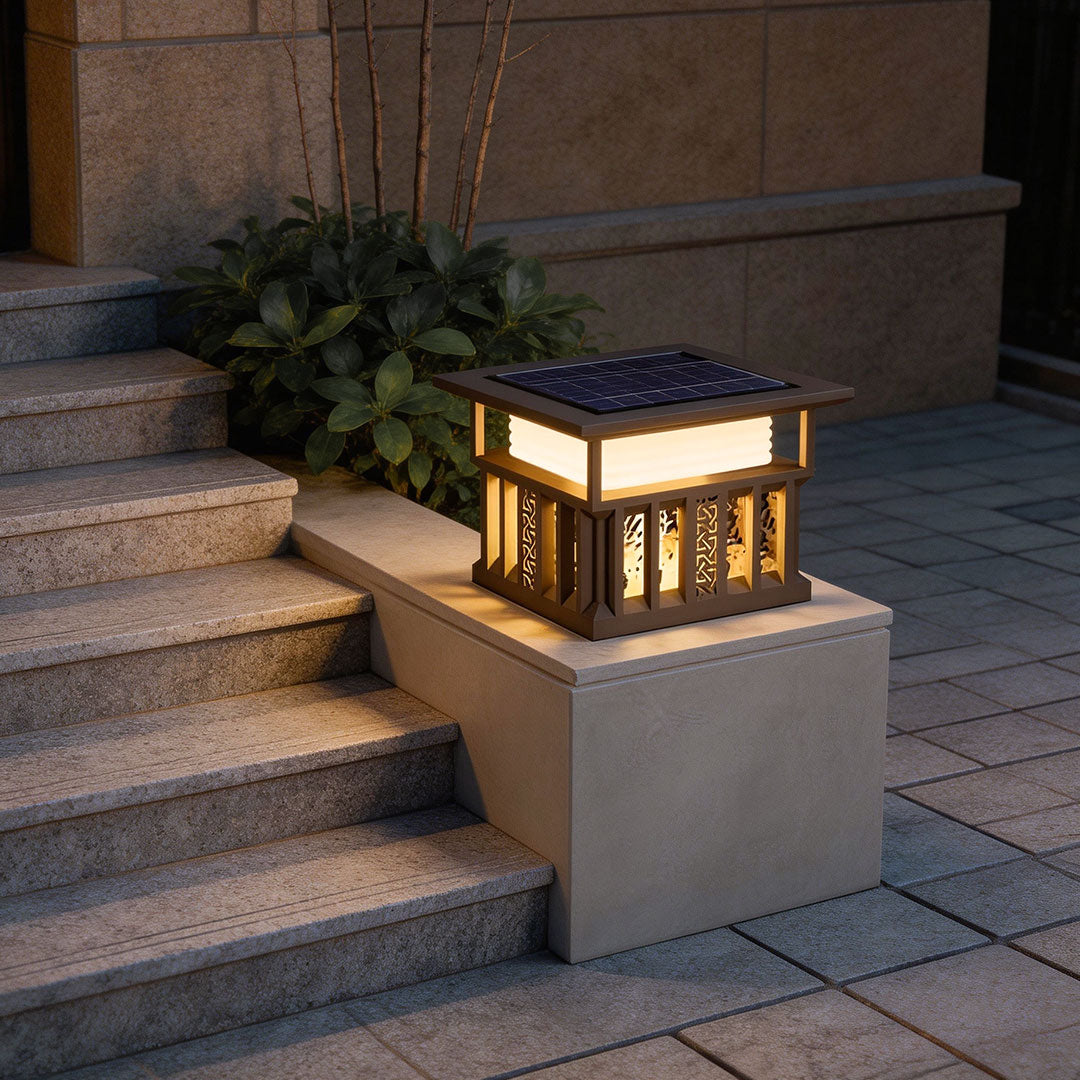 Square Lantern Pillar Light, Gray Stainless Steel Post Cap Light