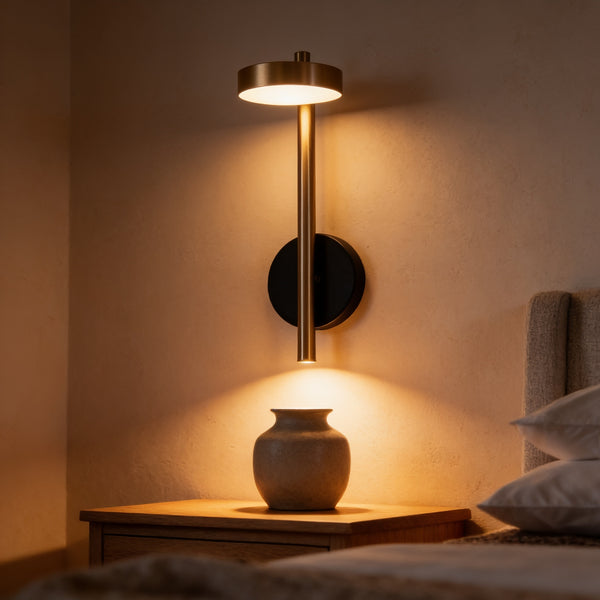 Pivoting Disc Wall Light in black and brass above a nightstand