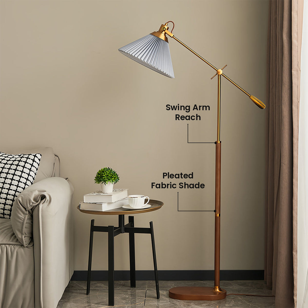 Pleated Shade Swing Arm Floor Lamp: Pleated Fabric Shade, Swing Arm Reach